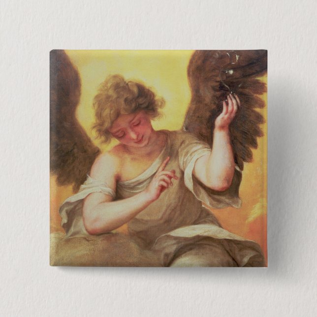 An Angel holding a Glass Flask 15 Cm Square Badge (Front)