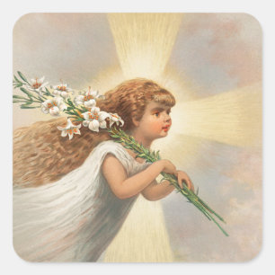An angel in the sky holding lilies christmas holid square sticker
