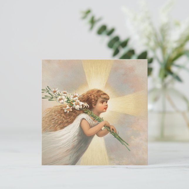 An angel in the sky holding lilies christmas holiday card (Standing Front)