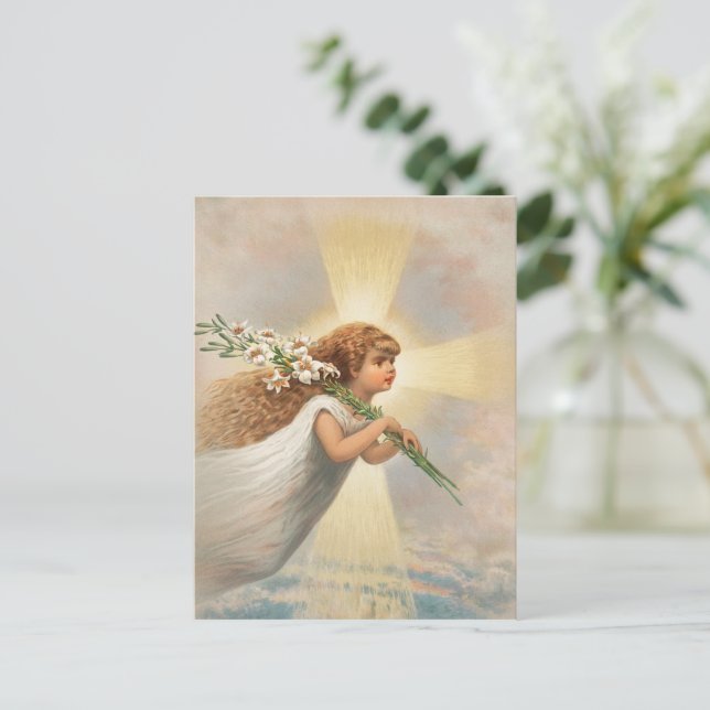 An angel in the sky holding lilies christmas holiday postcard (Standing Front)