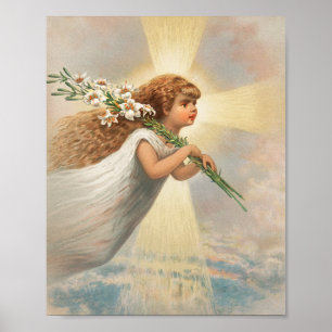 An angel in the sky holding lilies christmas poster