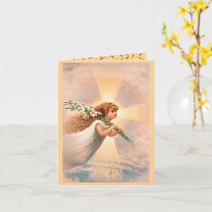 An angel in the sky holding lilies on her shoulder card