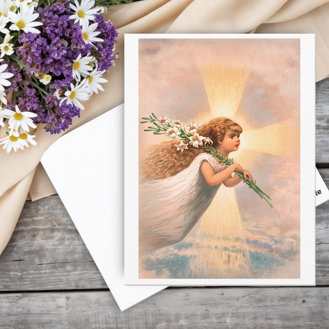 An angel in the sky holding lilies on her shoulder postcard (Creator Uploaded)