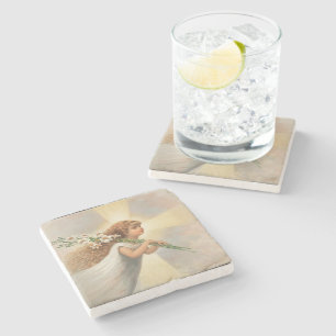 An angel in the sky holding lilies stone coaster