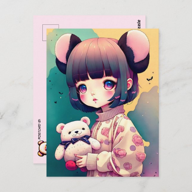 An Anime Girl with a Teddy Bear, Postcrossing Postcard (Front/Back)