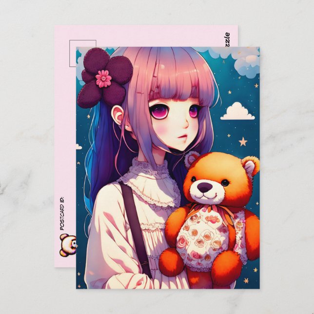 An Anime Girl with a Teddy Bear, Postcrossing Postcard (Front/Back)