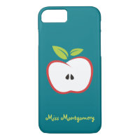 An apple with a red outline and green leaves