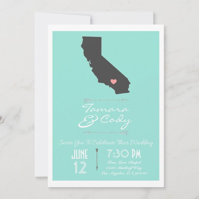 An Aqua Coloured California Wedding Invitation (Front)