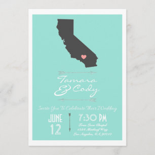 An Aqua Coloured California Wedding Invitation