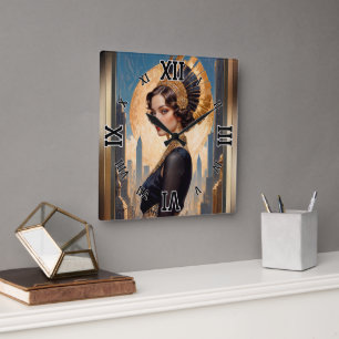 An Art Deco Beauty By A Golden Disc by Xzendor7 Square Wall Clock