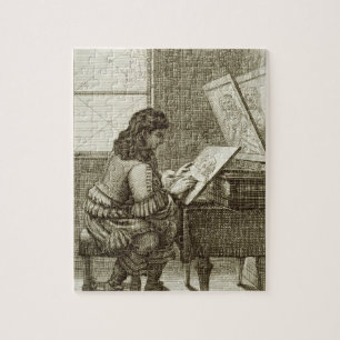An artist copying onto an engraving plate, printed jigsaw puzzle