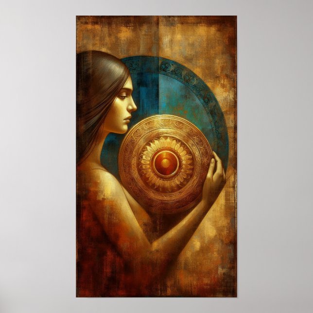 An Artistic of a Lady Holding a Circular Object Po Poster (Front)