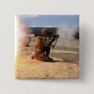 An assaultman fires a Rocket Propelled Grenade 15 Cm Square Badge