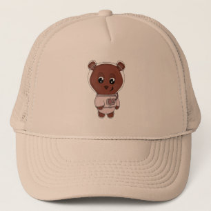 An astronaut bear wearing a spacesuit trucker hat