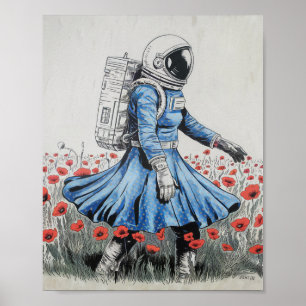 an astronaut in a blue dress walking in poppies poster
