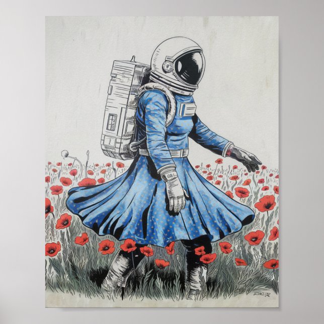  an astronaut in a blue dress walking in poppies poster (Front)