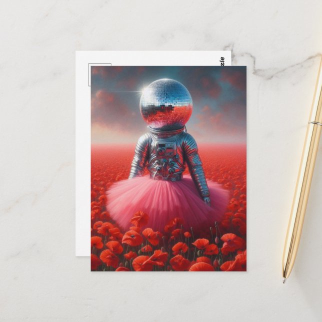 An astronaut in a pink tutu disco ball head  postcard (Front/Back In Situ)