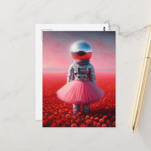 An astronaut in a tutu disco ball head poppies postcard