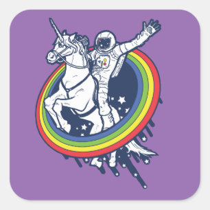 An astronaut riding a unicorn through a rainbow square sticker