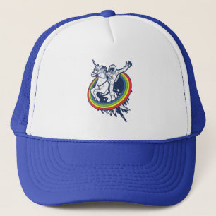 An astronaut riding a unicorn through a rainbow trucker hat