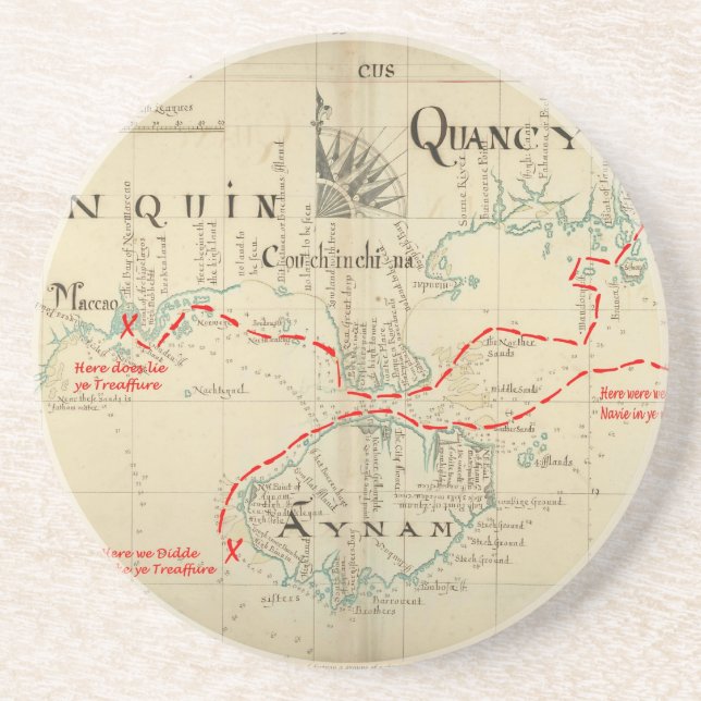 An Authentic 1690 Pirate Map (with embellishments) Coaster (Front)