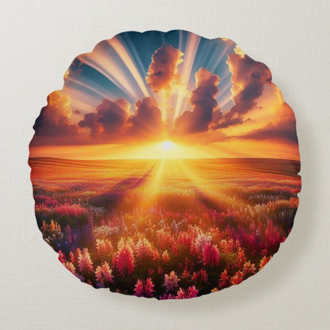An awe-inspiring sunset over a vast field of bloom round cushion (Front)