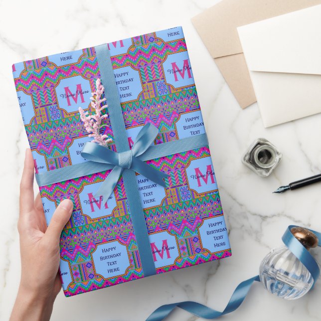 An Aztec Bright Tribal Monogram Fun Happy Birthday Wrapping Paper (Gifting)
