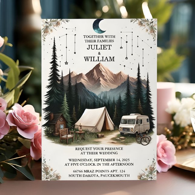 An Cabin Forest Wood Sky Tree Fire Camping Wedding Invitation (Creator Uploaded)