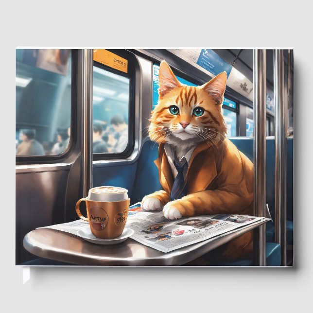 An cute cat with a coffee and newspaper guestbook (Front)