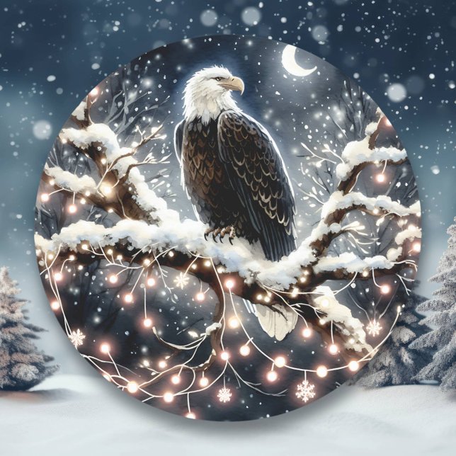 An Eagle atop a Snow filled Branch Christmas Classic Round Sticker (Creator Uploaded)