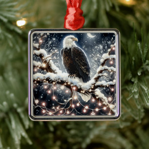 An Eagle atop a Snow filled Branch Christmas Metal Tree Decoration