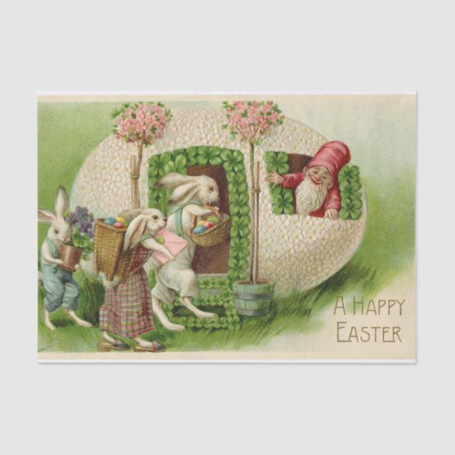 An Easter Gnome Welcoming Rabbits Bearing Gifts Tissue Paper (Front)