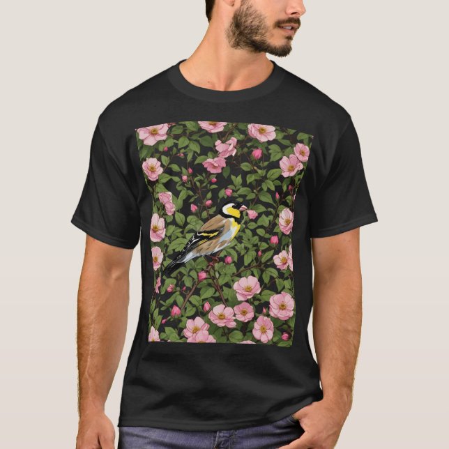 An Eastern Goldfinch Amongst Pink Coloured Wild Ro T-Shirt (Front)