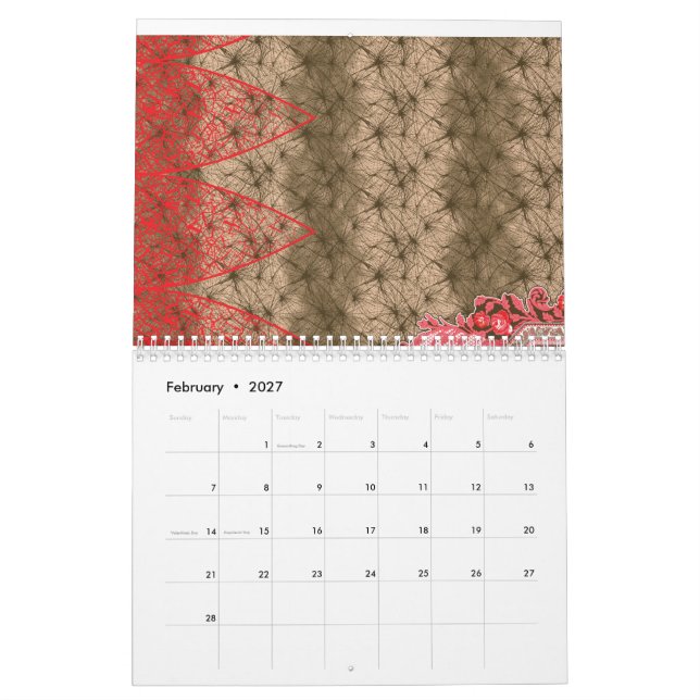 An elaborate motif chraacterised by vibrant red an calendar (Feb 2027)