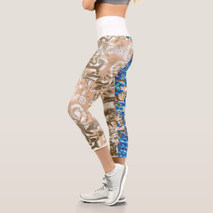 An elaborate paisley pattern in blue and brown, hi capri leggings