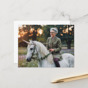 An elderly woman on her unicorn postcard