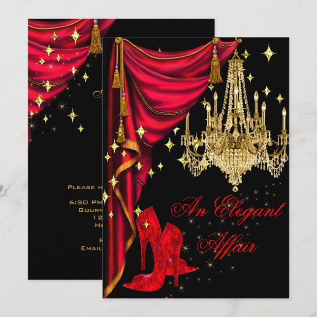 An Elegant Affair Red Gold Chandelier Birthday Invitation (Front/Back)