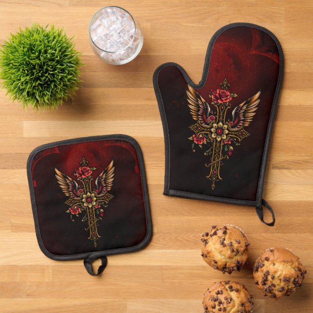 An elegant cross  oven mitt & pot holder set (Top Down)
