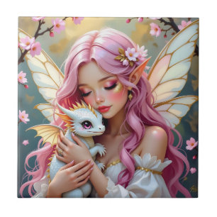 An Elegant Fairy and her Baby Dragon Personalized Tile