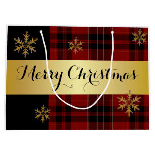 An Elegant Gold With Plaid Christmas Large Gift Bag