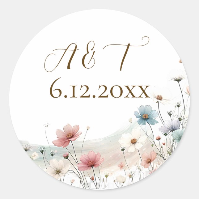 An Elegant Watercolor Wildflowers Wedding Date Classic Round Sticker (Front)