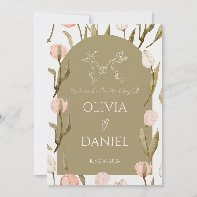 An elegant wedding invitation in olive green    (Front)