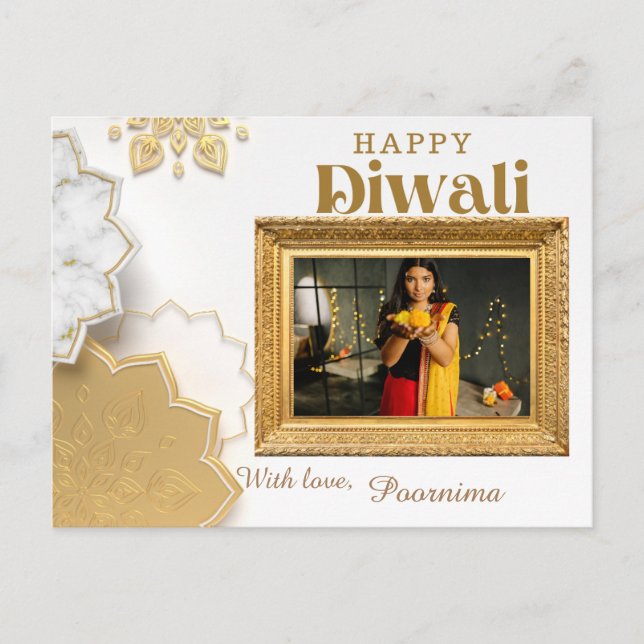 An elegant white & gold Diwali greetings Postcard (Front)