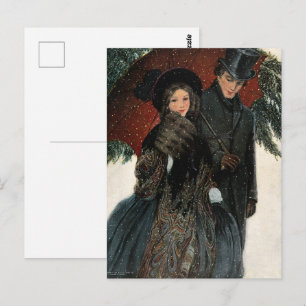 An elegantly dressed couple,Umbrella,Snow Old Time Postcard