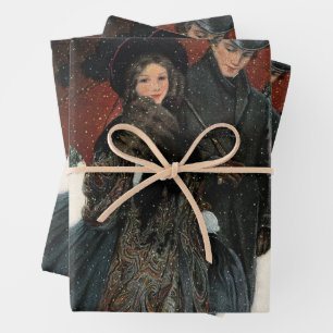 An elegantly dressed couple,Umbrella,Snow Old Time Wrapping Paper Sheet