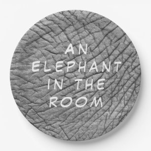 An elephant in the room skin photo with white text paper plate