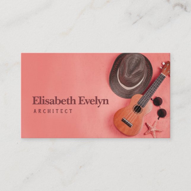 An elevated view of ukulele; sunglasses business card (Front)