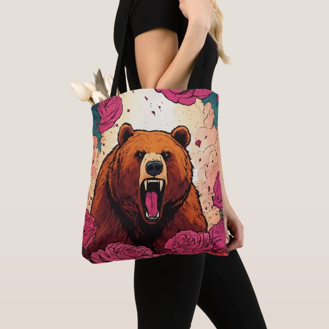 an enraged bear dive into the rose tote bag (Close Up)
