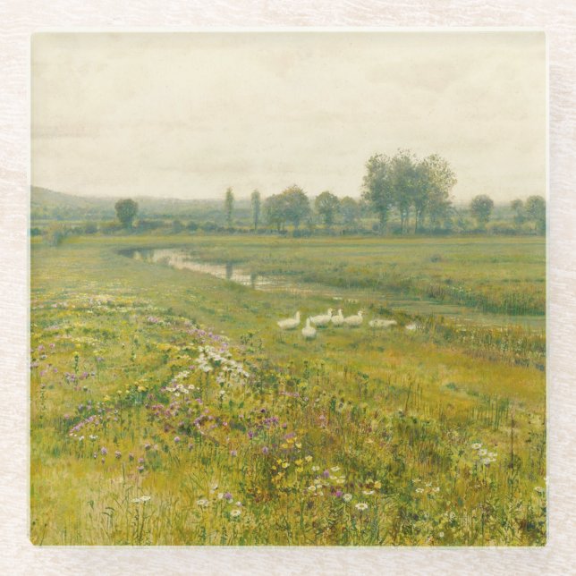 An Extensive Meadow Landscape with Geese Glass Coaster (Front)