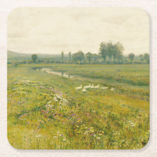 An Extensive Meadow Landscape with Geese Square Paper Coaster